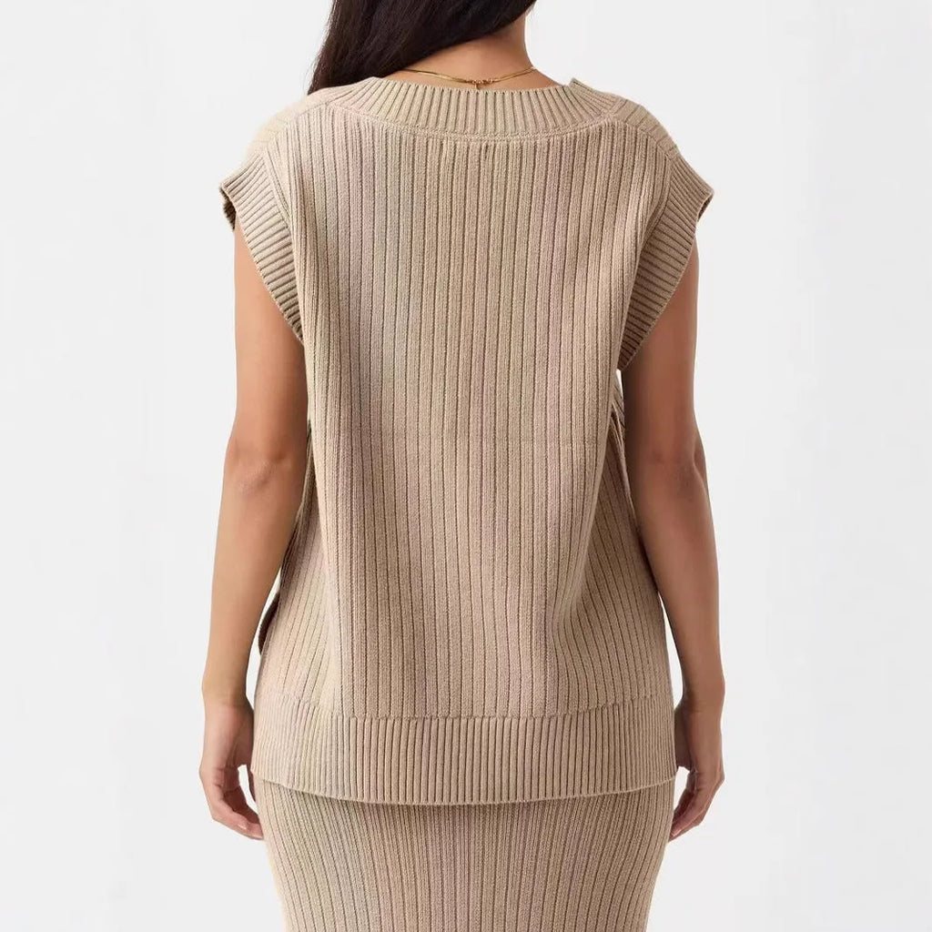 Women's camel-coloured V-neck sleeveless pullover vest with loose fit on hanger