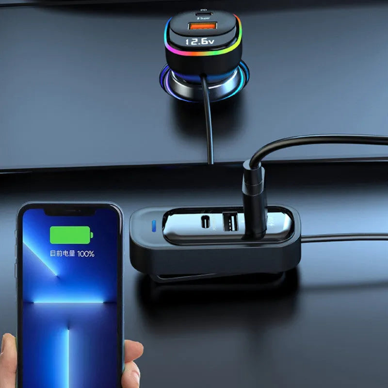 Black plastic YQ5 multi-function car charger with super fast charge plugged into a car socket