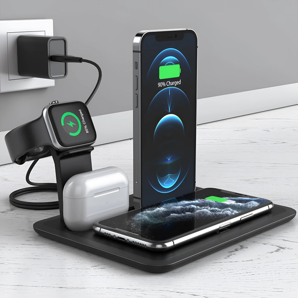 Black multi-device wireless charging stand holding a phone, headphones, and a smartwatch on a desk.