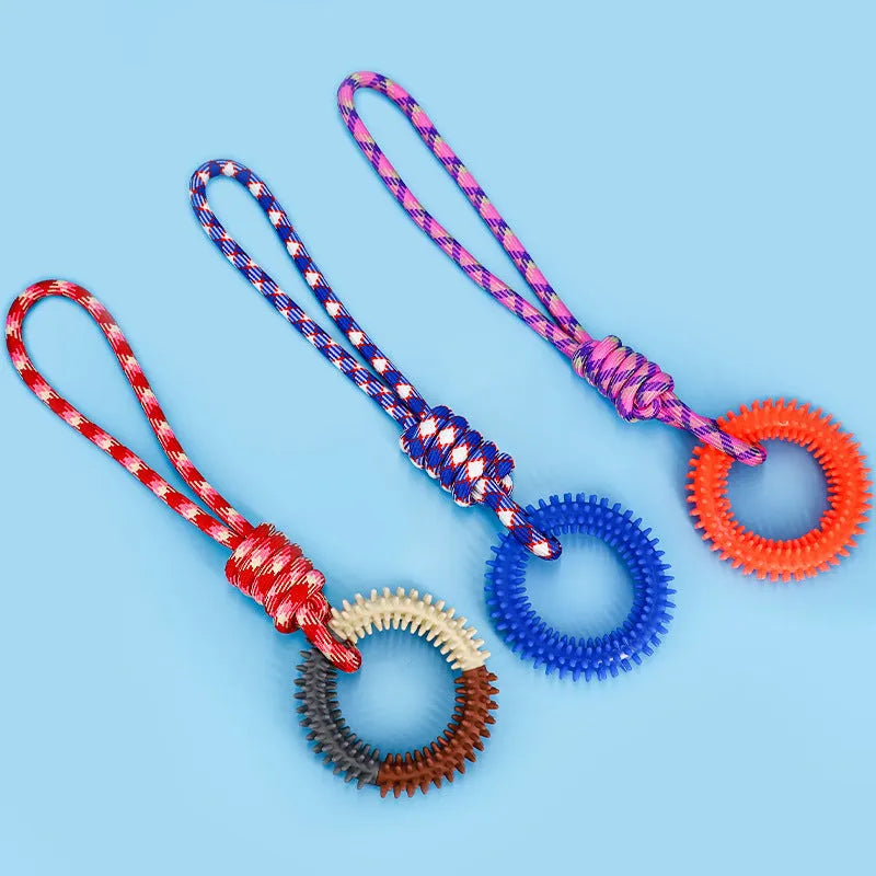 Blue braided rope dog toy with multiple knots measuring 43 cm in length