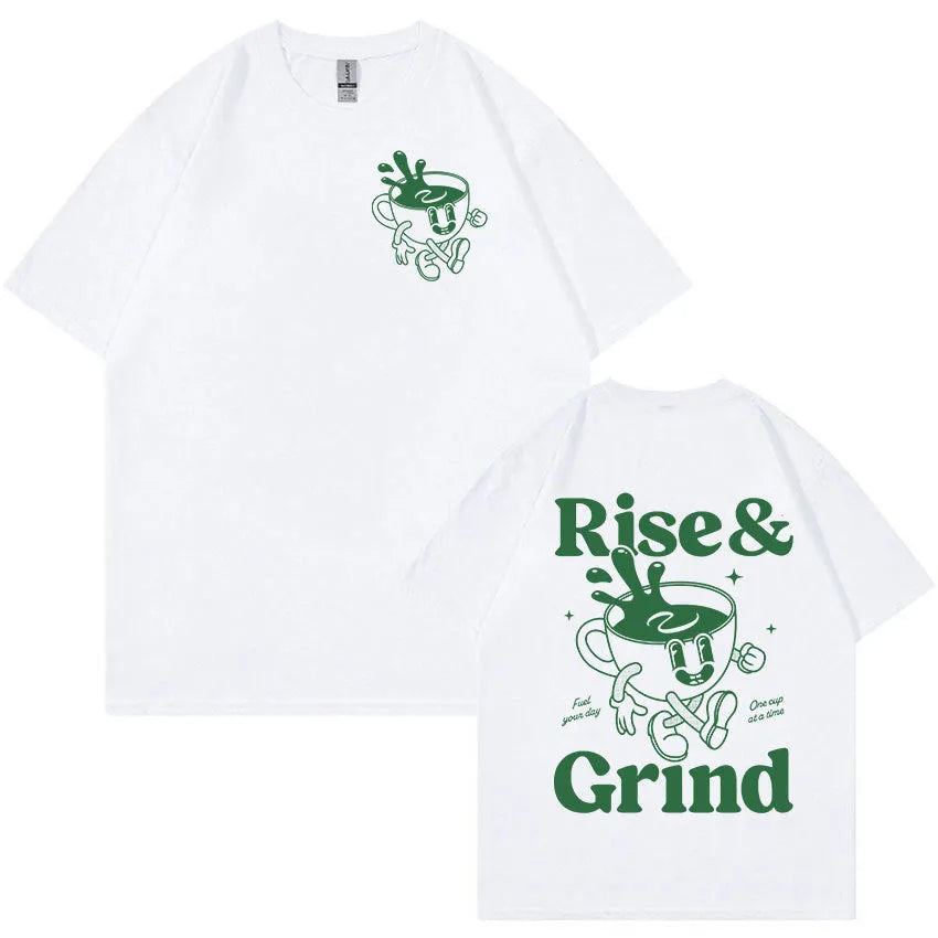Man wearing a loose black linen t-shirt with a green 'Rise And Grind Green Coffee' cartoon graphic print.