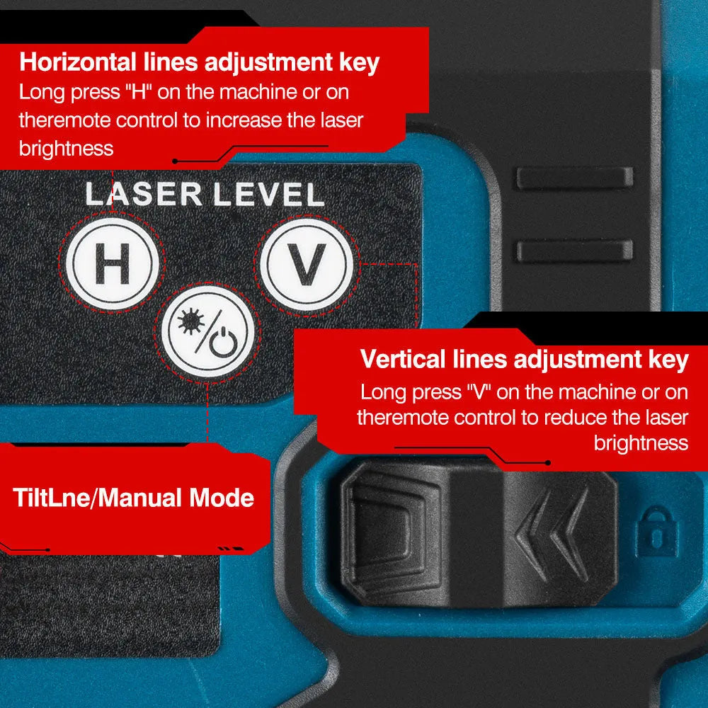 16-line infrared laser level with ABS housing and dual power supply, placed on a floor surface projecting laser lines