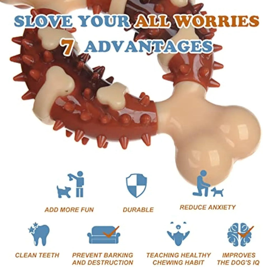 Bone-shaped natural rubber pet molar chew toy shown in two sizes