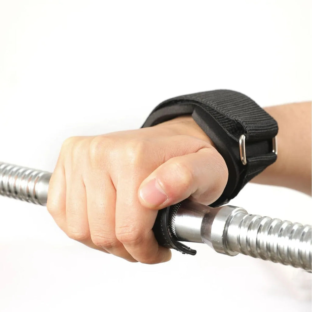 Black rubber non-slip weightlifting palm protection strap for barbell exercises and rock climbing.