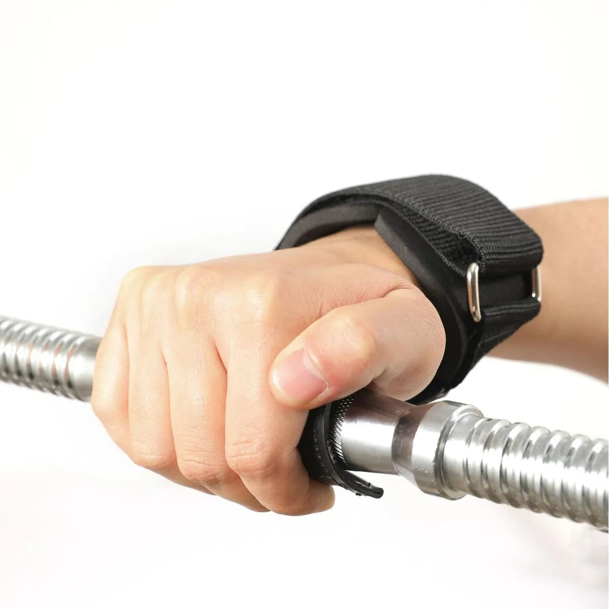 Black rubber non-slip weightlifting palm protection strap for barbell exercises and rock climbing.