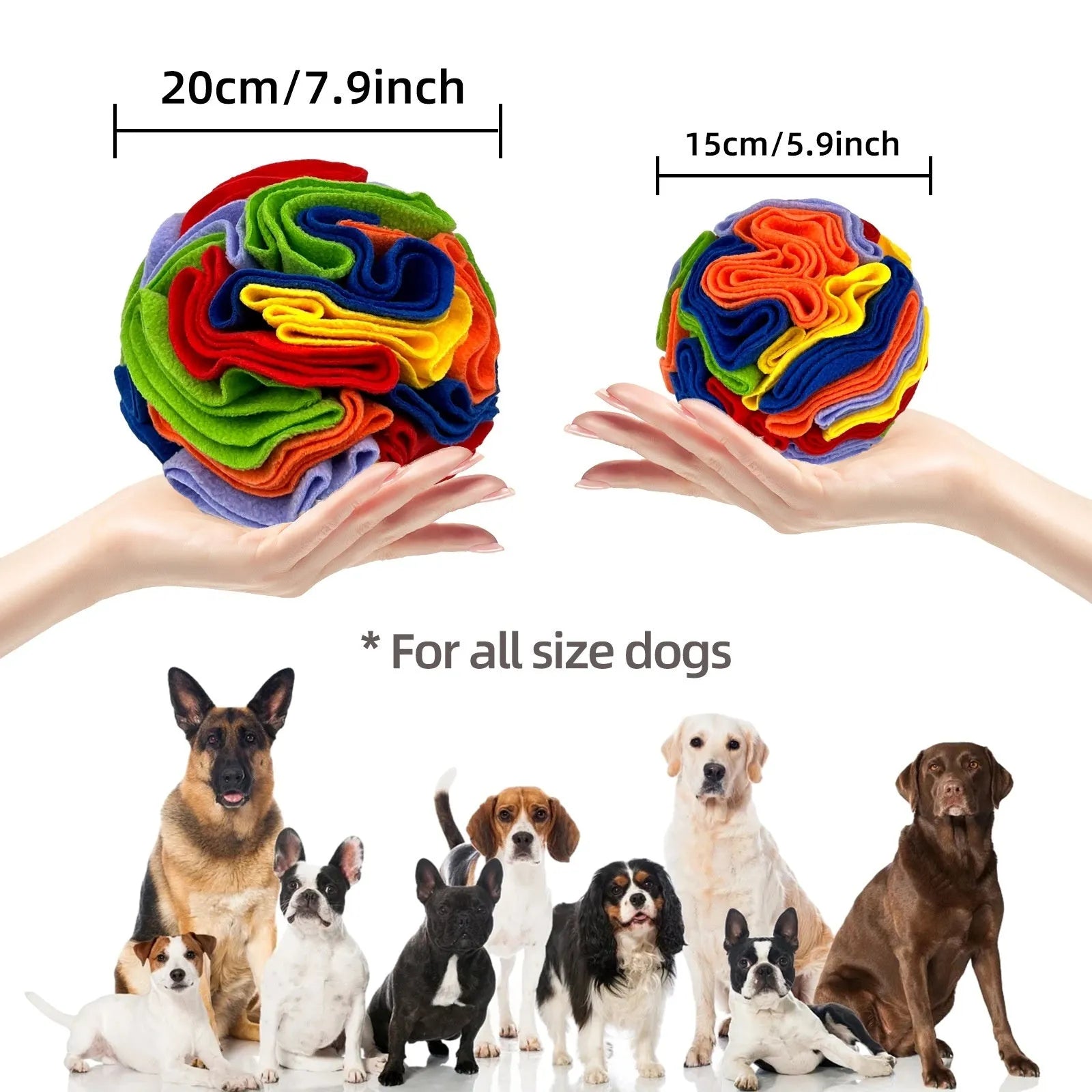 Rainbow colour molars-style polar fleece pet sniffing toy ball for dogs in size 15cm