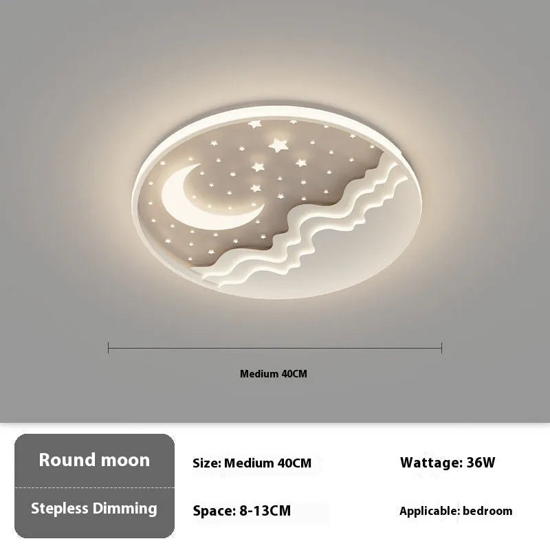 White moon-shaped wrought iron and acrylic bedroom ceiling light with romantic glow