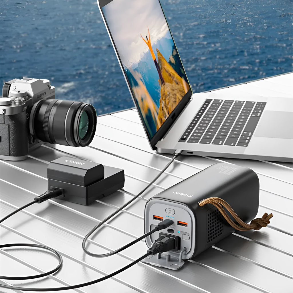 Black portable power bank with solar panel, showing size scale and output ports.