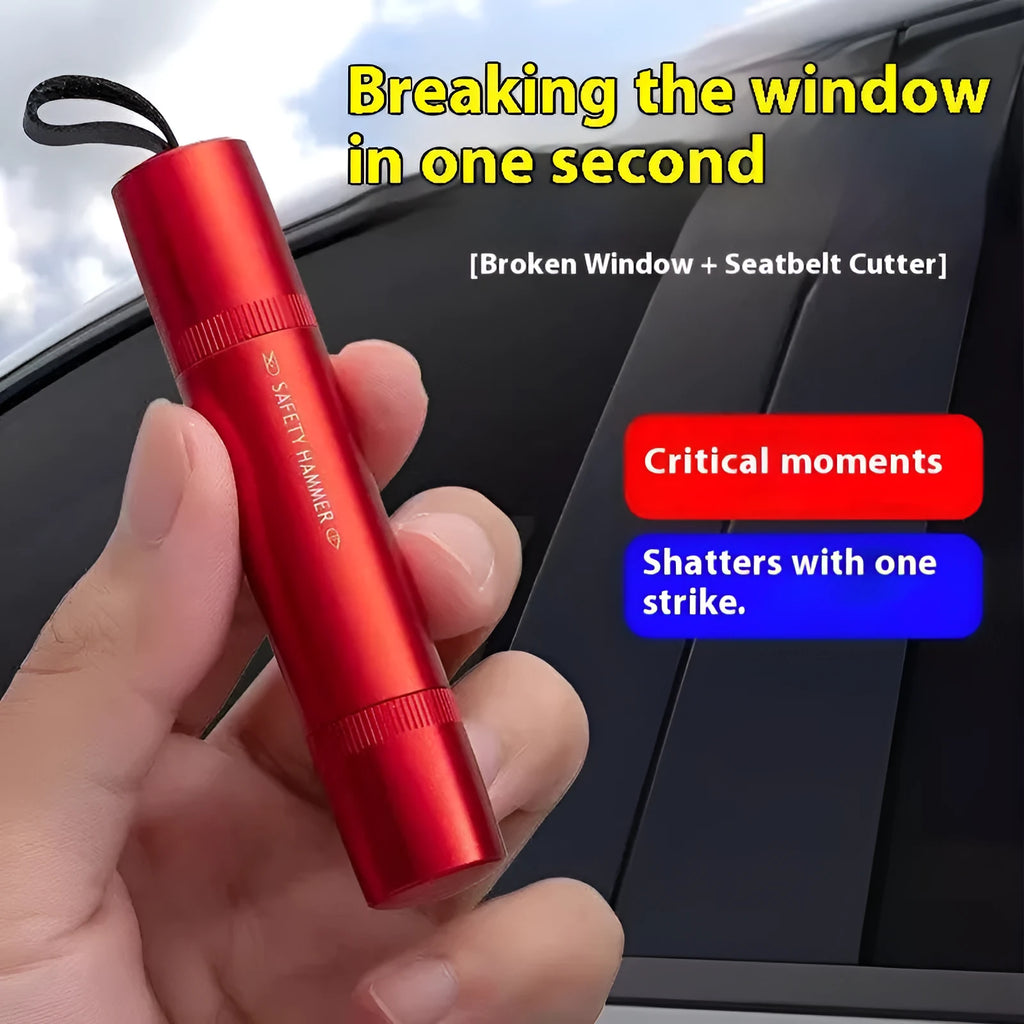 Black and red car emergency hammer with window breaking tip and seatbelt cutter