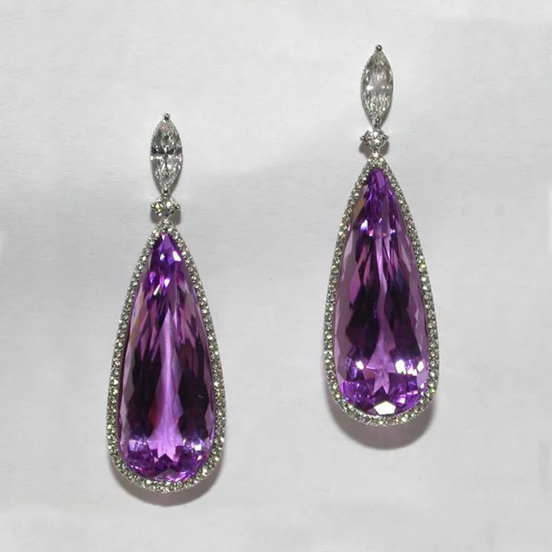 Purple zircon drop earrings with copper base and micro-inlaid design, women's bridal style, one pair.