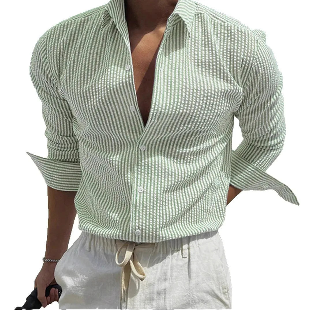 Men's striped cardigan lapel long sleeve shirt in polyester available in nine colour options