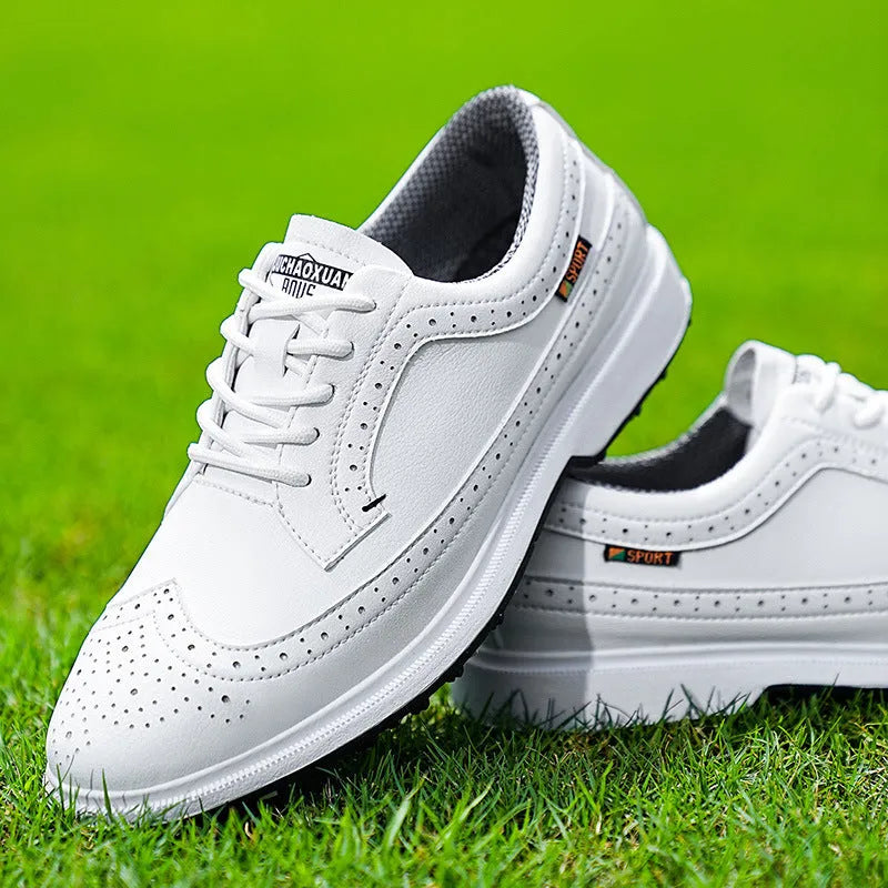 Men's Lake Blue and White genuine leather golf shoes with non-slip rubber outsoles.