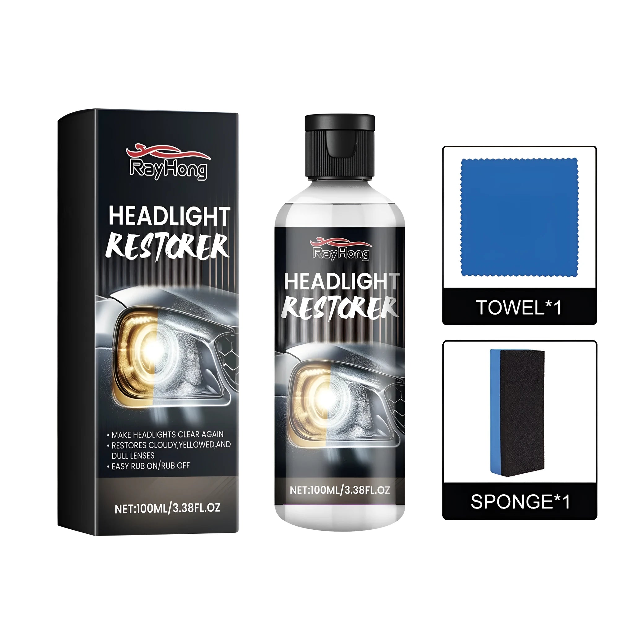 Headlight restoration kit with polishing fluid bottle, applicator sponge, and polishing cloth
