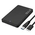 Black 2.5-inch external hard drive enclosure with USB 3.0 and SATA connector