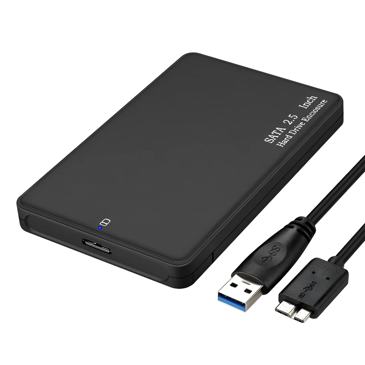 Black 2.5-inch external hard drive enclosure with USB 3.0 and SATA connector