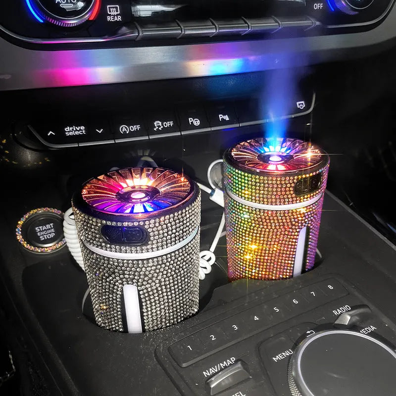 Rhinestone and plastic car humidifier with LED lights, showing colourful mist and USB cable.