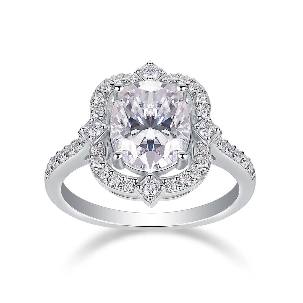 Camellia moissanite wedding ring set with egg-shaped 8x10mm stone, platinum-plated S925 silver band, gift box packaging