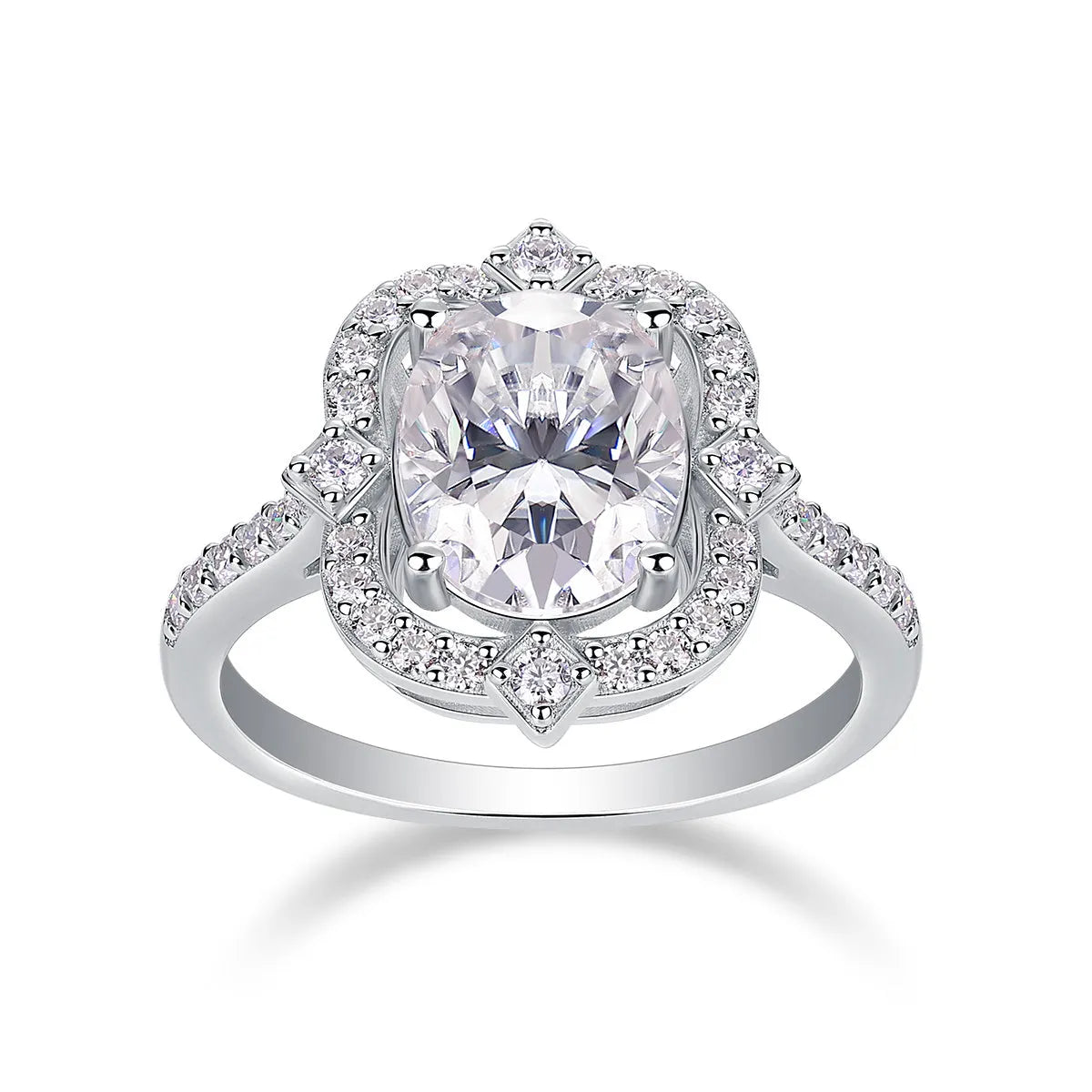 Camellia moissanite wedding ring set with egg-shaped 8x10mm stone, platinum-plated S925 silver band, gift box packaging