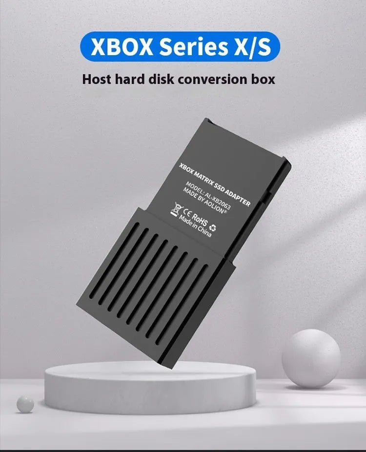 Aluminium Xbox Series X/S hard drive switching box with CFexpress interface and screwdriver.