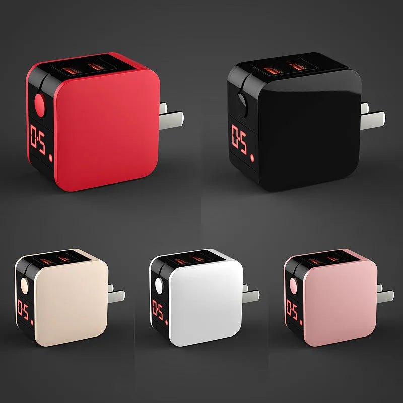Black 5V2.4A dual USB travel charger with digital display showing UK plug