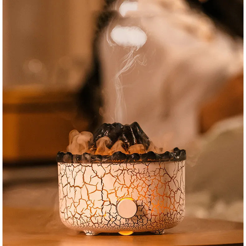 Column-shaped volcano humidifier emitting mist with colourful LED lights and remote control