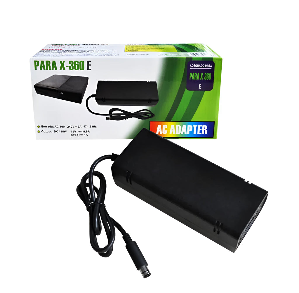 Black Microsoft XBOX 360E AC power adapter with regional plug options for 110V console models