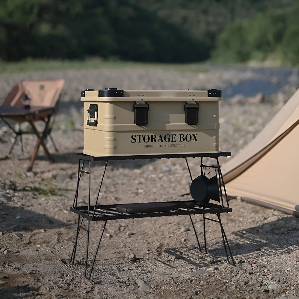Waterproof vehicle storage box in army green colour showing sturdy handles and foldable design