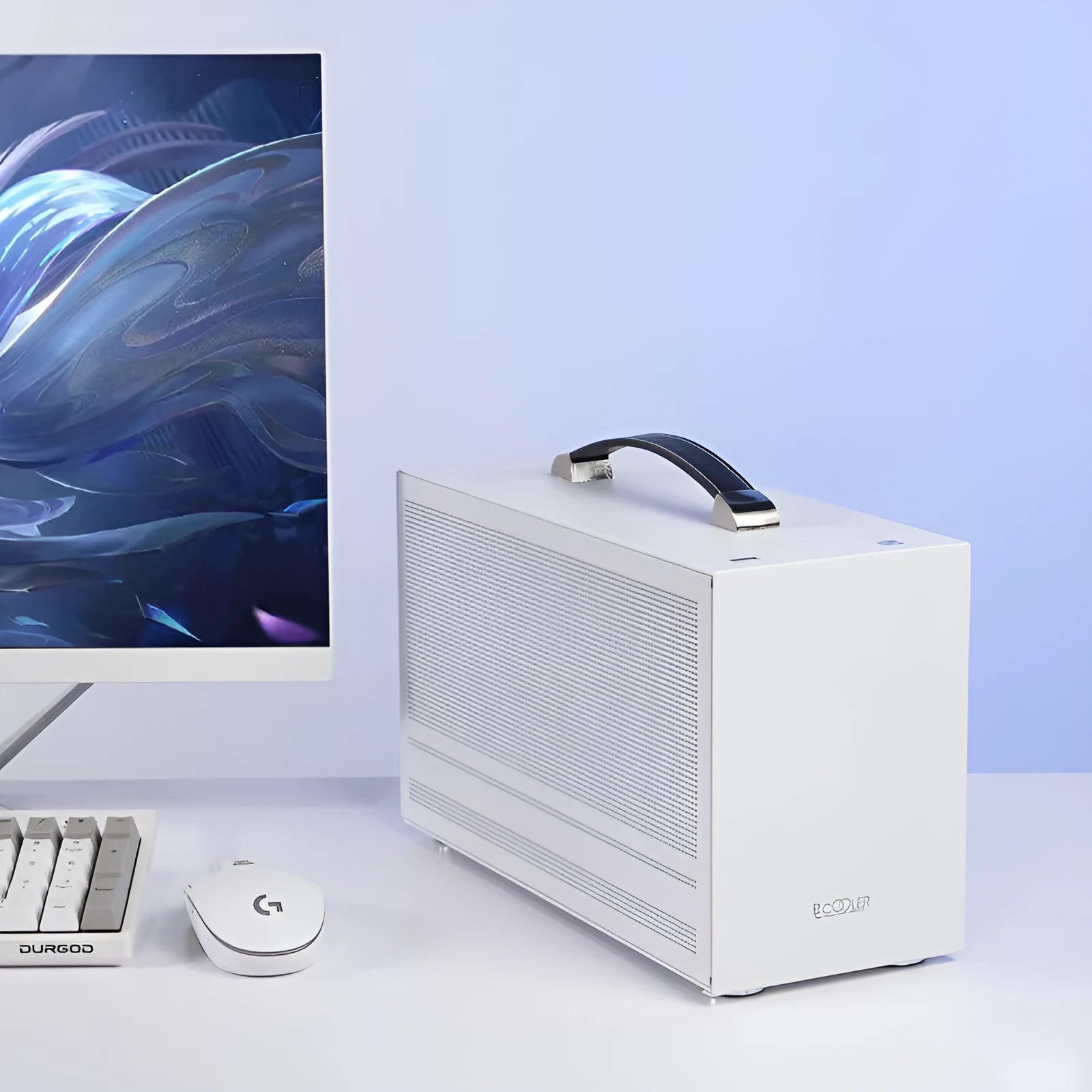 Hummingbird PRO mini ITX desktop computer chassis in titanium grey or white colour.