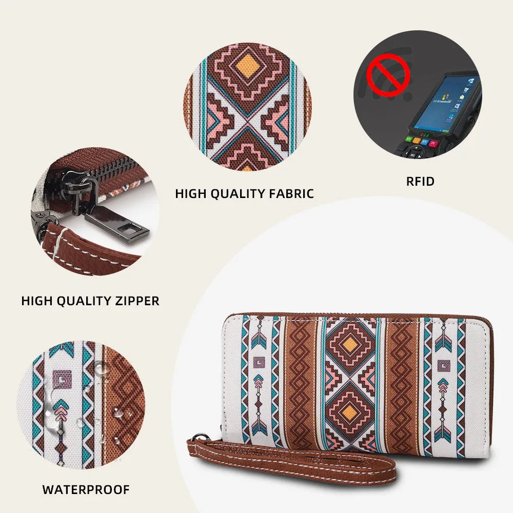 Bohemian striped canvas RFID wallet showing interior and 20x10x2cm dimensions