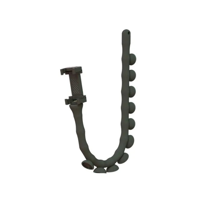 Flexible worm-style lazy bracket mobile phone holder with long silicone arm and black rubber suction cup base.