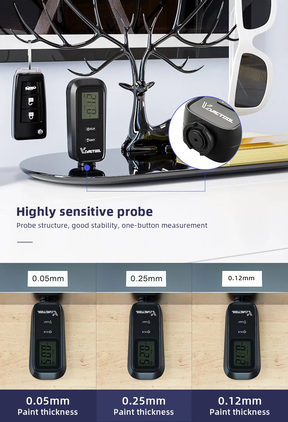 Black plastic automotive paint coating thickness gauge on white background