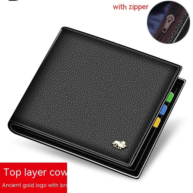 Men's first layer cowhide soft short wallet with multiple card slots in brown with gold logo and zipper