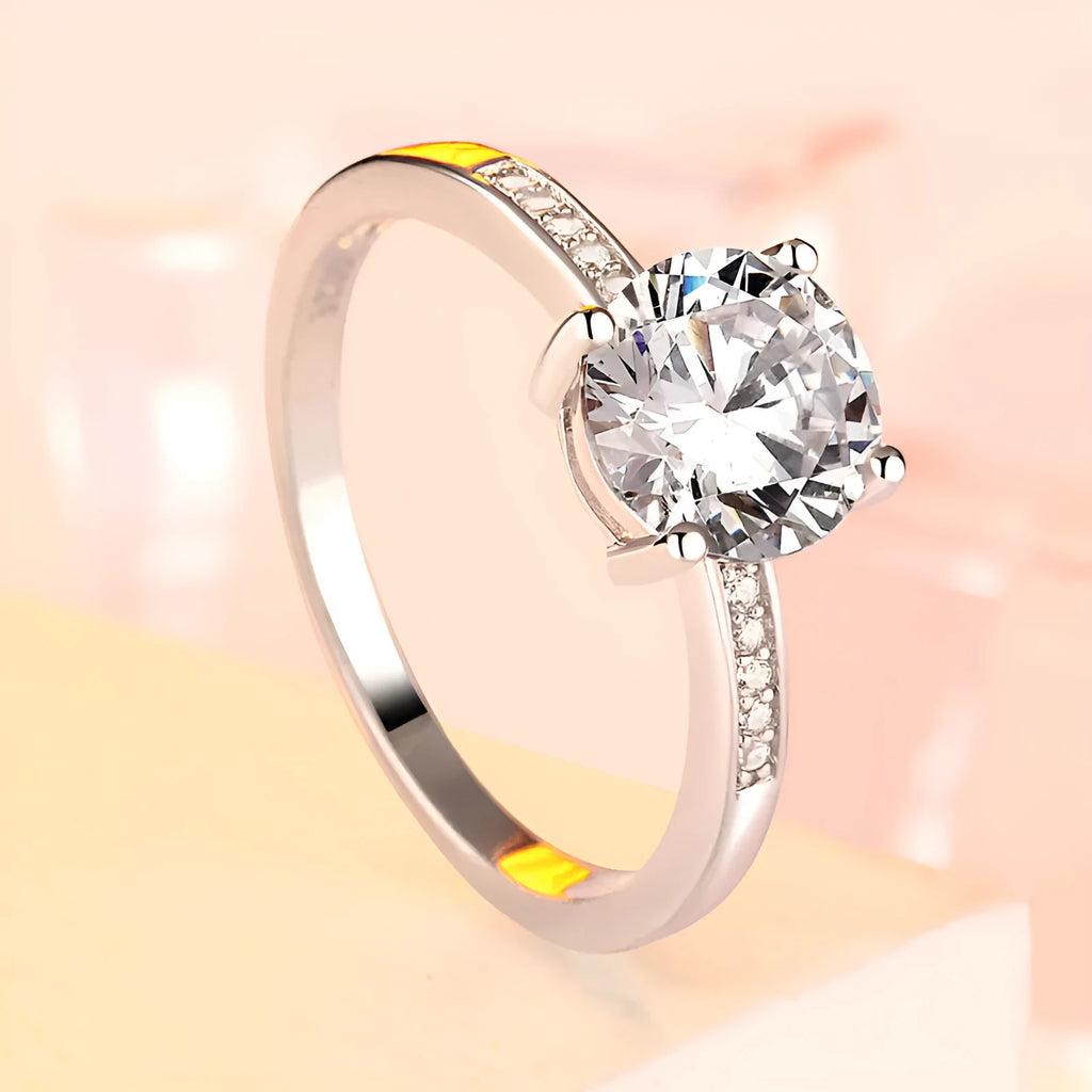 925 sterling silver engagement ring with 7.5mm clear stone on white background