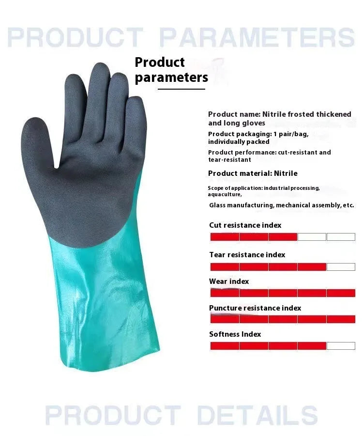 Navy blue nitrile work gloves shown in short and lengthened styles for fishing protection.