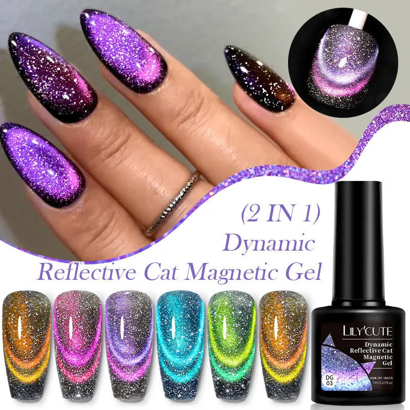 Cat Eye series UV nail polish gel bottle with diamond glitter fragments in six colour options including nail glue