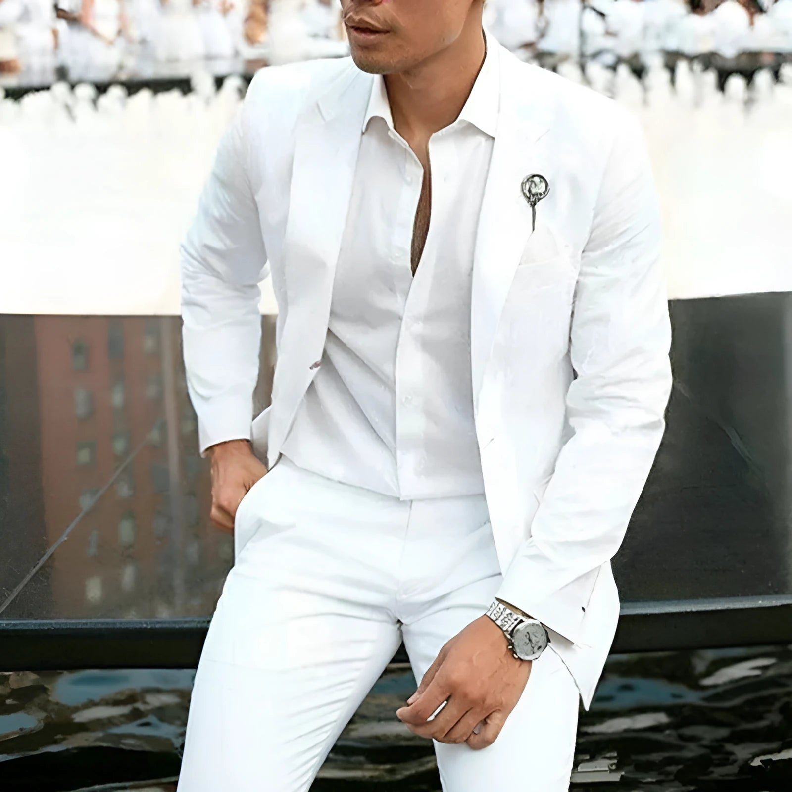 White slim fit men's two-piece suit for wedding groomsmen and spring formal events