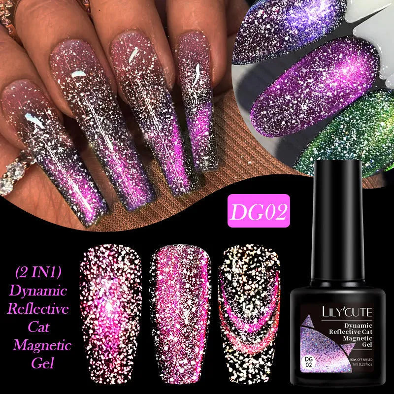 Cat Eye series UV nail polish gel bottle with diamond glitter fragments in six colour options including nail glue