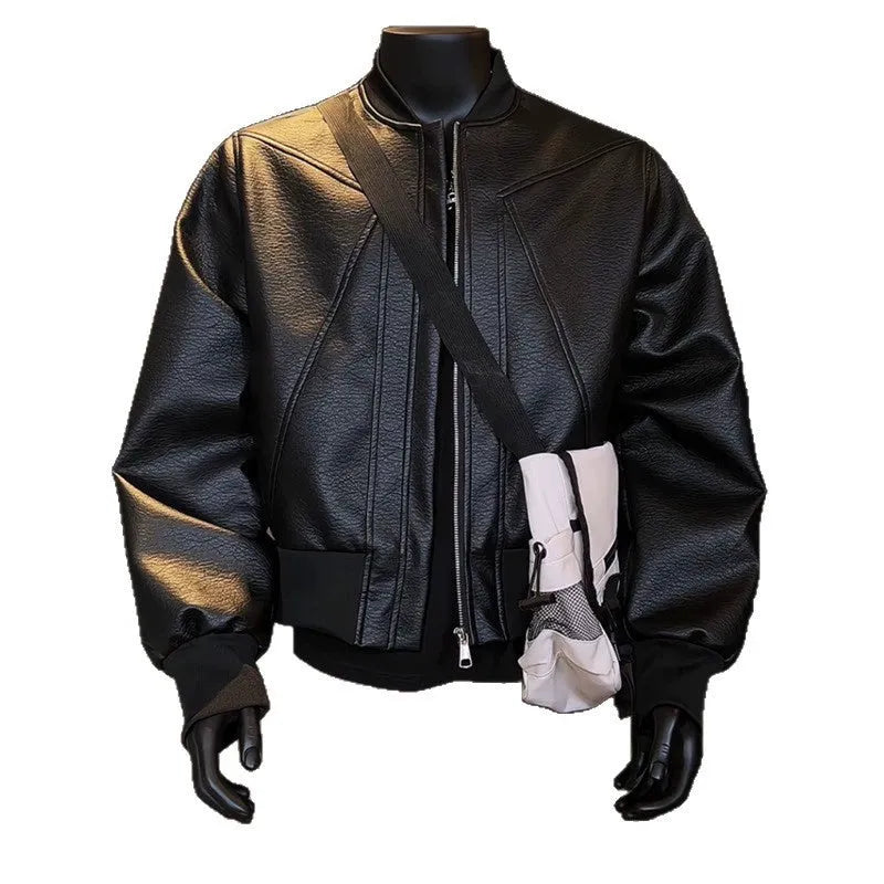 Men's long black slim-fit PU leather jacket with litchi grain texture on a hanger.