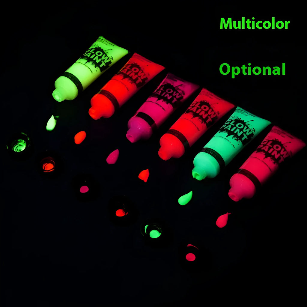 Non-toxic neon face and body paint gouache in 25ml plastic squeeze bottles showing colours green, orange, pink, purple, red, and yellow.
