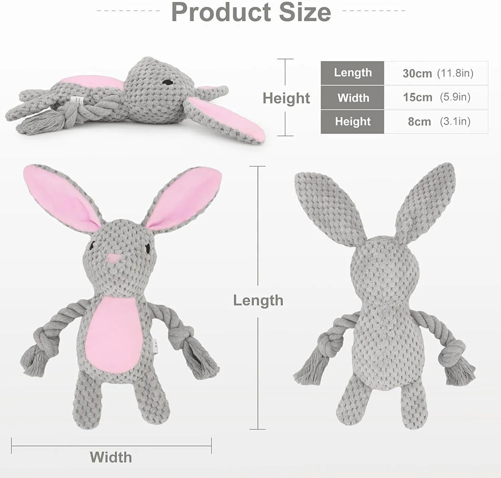 Multi-texture dog toy with plush animal design, cotton rope elements, and crinkle paper interior