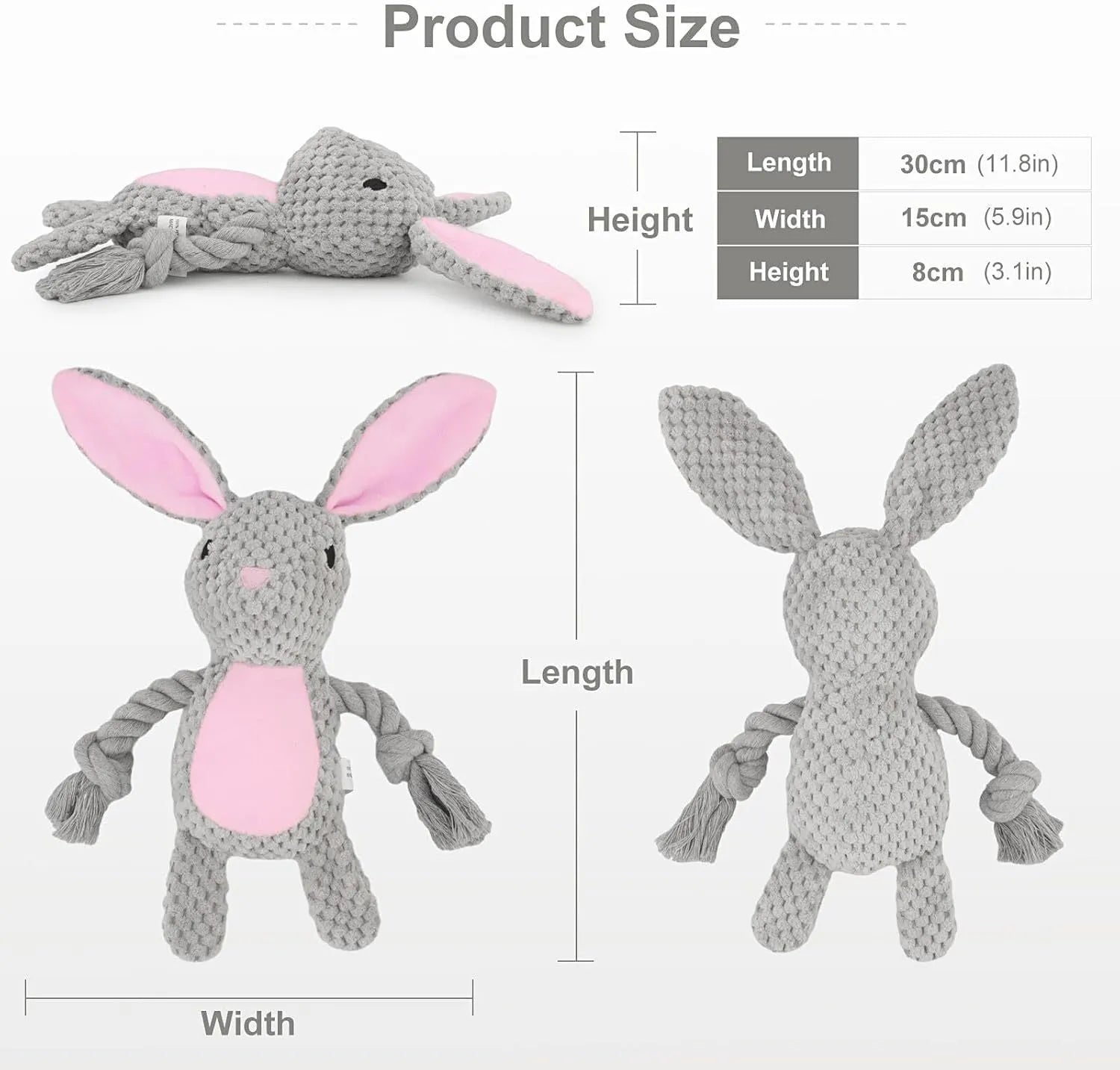 Multi-texture dog toy with plush animal design, cotton rope elements, and crinkle paper interior
