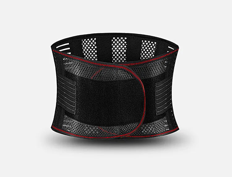 Black sports waist support belt with internal steel plate for lumbar protection, shown with size labels.