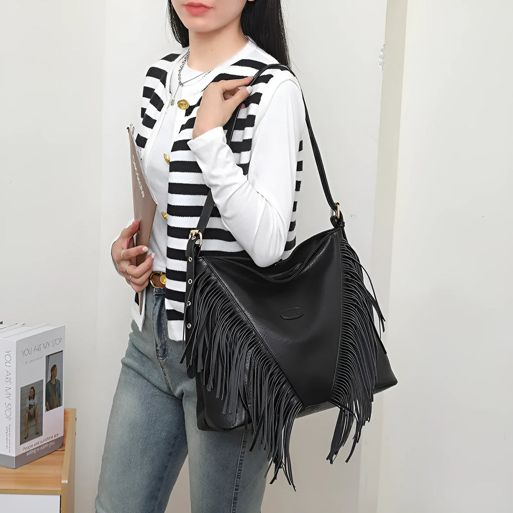 Large capacity soft PU messenger bag with rivet detailing, sandwich pocket, and long shoulder strap in brown colour