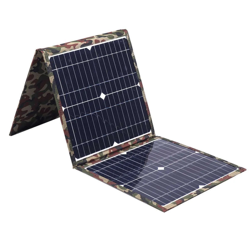 Black foldable 36W portable solar panel with car charger and USB accessories unfolded to 87cm width