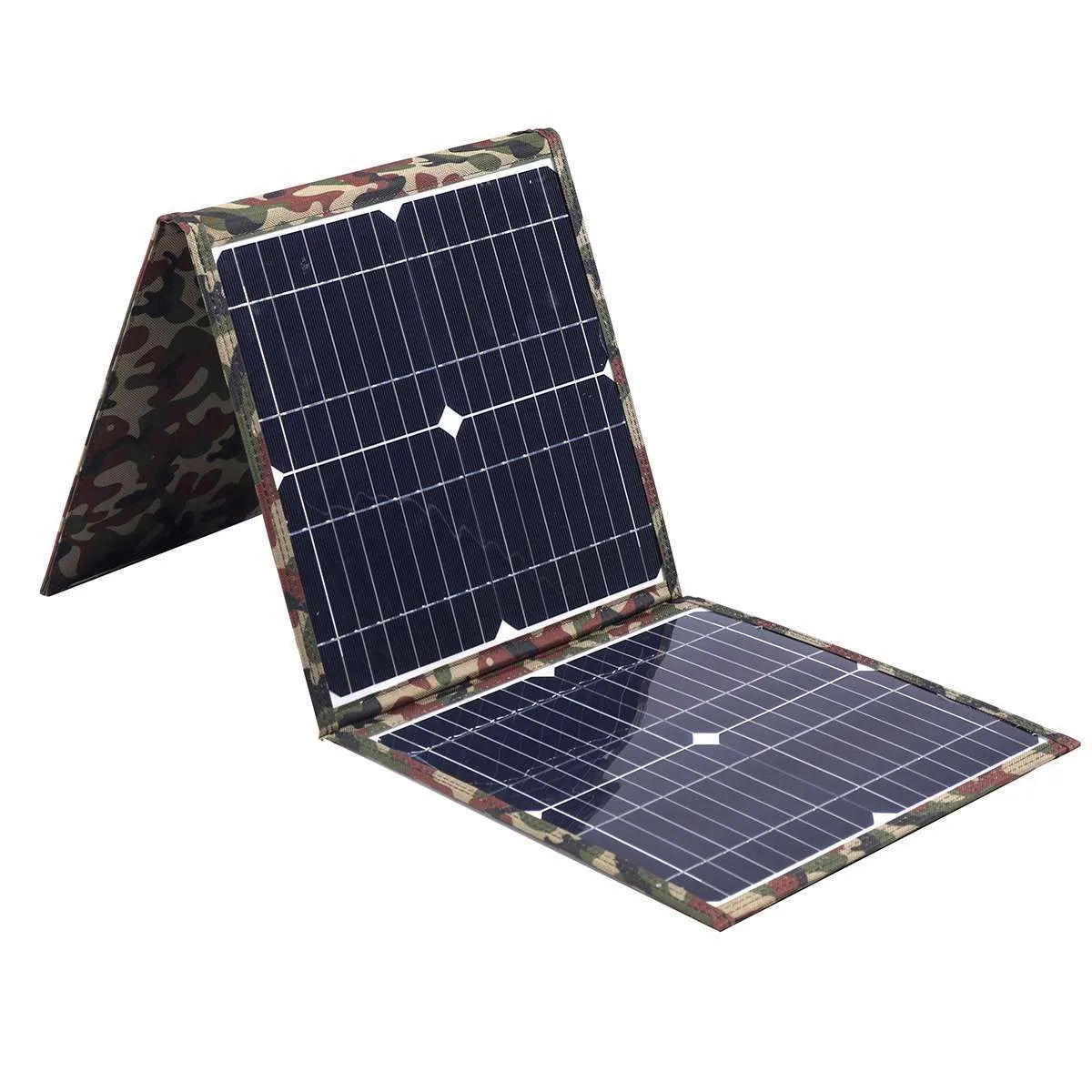 Black foldable 36W portable solar panel with car charger and USB accessories unfolded to 87cm width