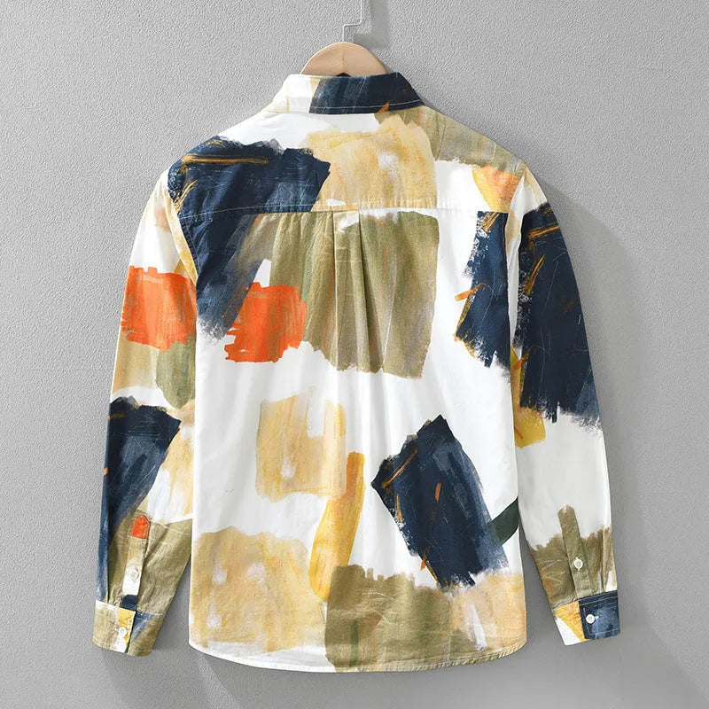 Women's loose cardigan top in printed cotton fabric with long sleeves and artistic colour pattern