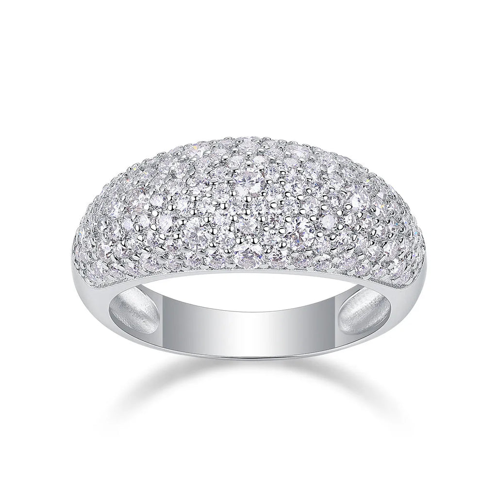 Moissanite wedding ring set in S925 silver with platinum plating, starry night design, on a white background