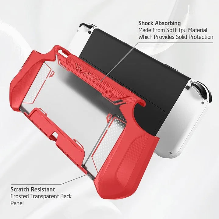TPU protective case for Nintendo Switch OLED 2021 in various colours on a grey background.