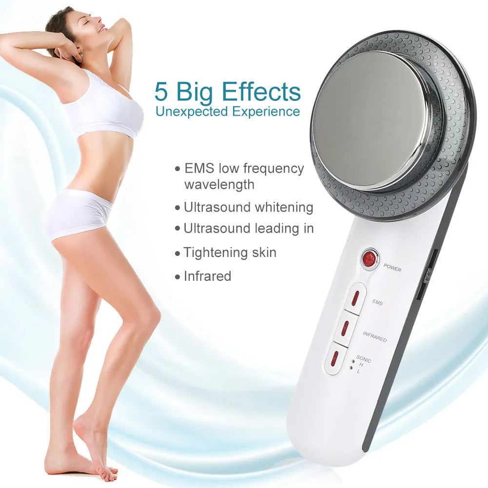 Handheld ultrasound EMS infrared body slimming device with electrode sheet and cable, 25.2x18x7.2cm