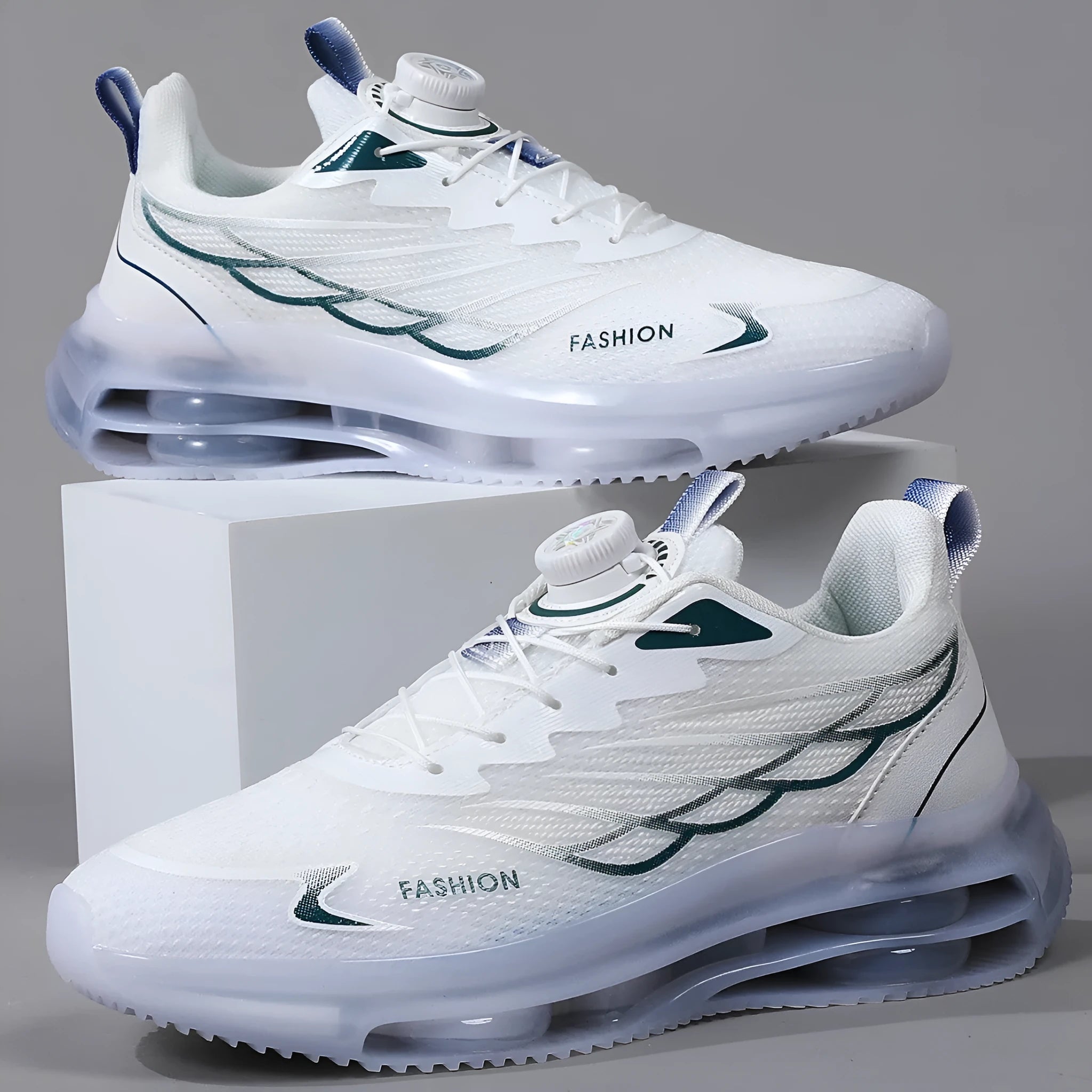 White men's low-top casual sports shoes with a rotating button lace system and breathable mesh upper.